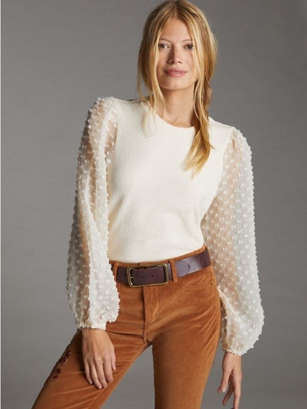 Anthropologie Maeve Textured Sleeve Ivory Cotton Blend Top XS